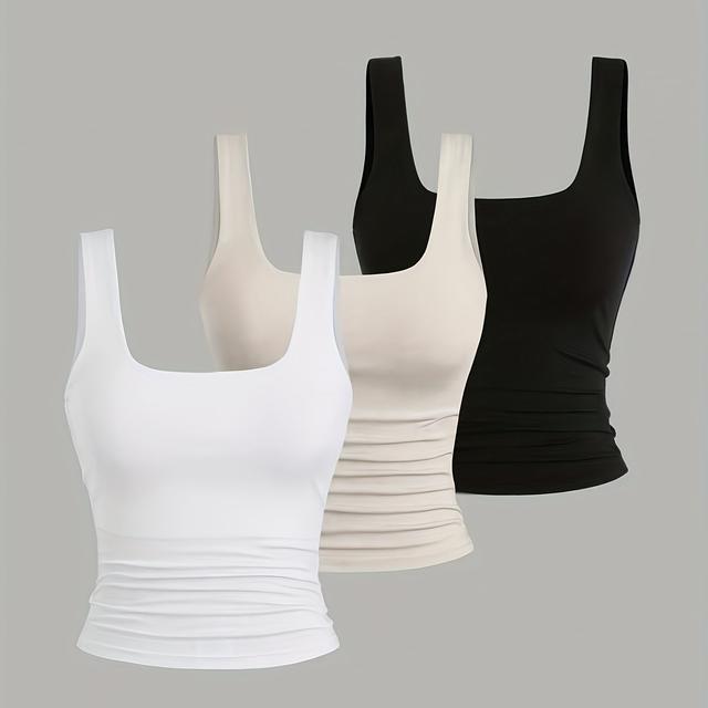 TEMU Einfarbiges Tanktop mit breiten Trägern – Dreiteiliges Set