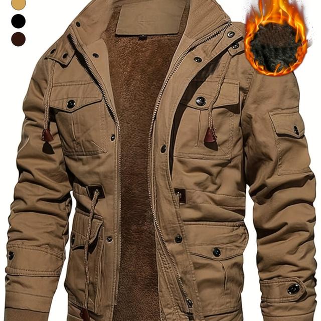 TEMU Chaqueta gruesa media para hombre con capucha, parka de invierno para mayor , ideal para uso casual al , con cremallera y múltiples bolsillos, con gorro extraíble