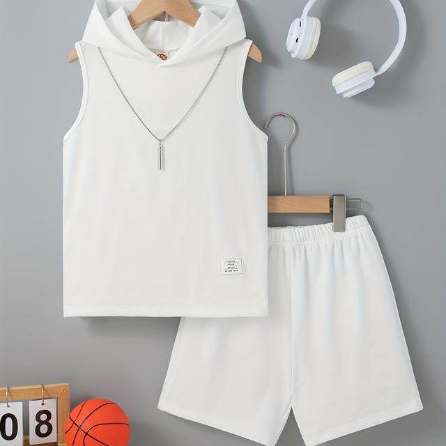 TEMU Ein zweiteiliges Set für Jungen, bestehend aus einem ärmellosen Kapuzenoberteil in Unifarben mit Grafikdesign und passendem Kurzarmshirt mit Kunststoffkordelzug, für Outdoor-Aktivitäten.