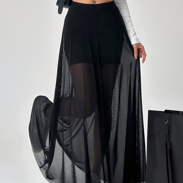 TEMU Women's High-waisted Mesh Skirt, Elastic Waist, Flared Hem, Solid Color, Polyester 100%, Spring/ Style, Long Length, Knit Fabric, 200 Lining Weight, 50 Fabric Weight