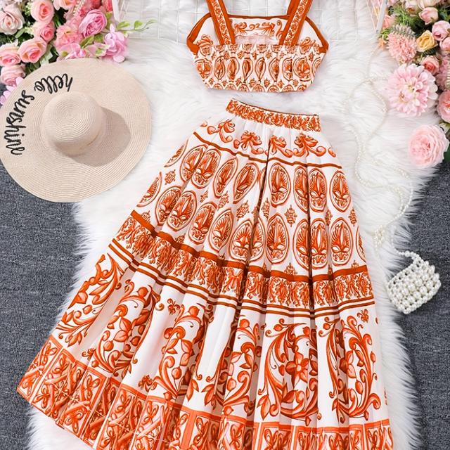 TEMU High-rated Floral Print Camisole Tube Top And Maxi Skirt Set, Suitable For Festivals And Casual Wear. Elegant, Stylish, And , A Must-have For Autumn And Winter