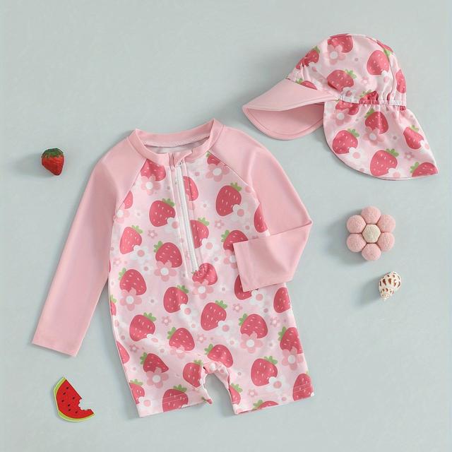 TEMU Conjunto de Roupa de Banho para Bebê Menina com Comprida, Estampa Floral//, Meia Zíper Não , Protetor Chapéu