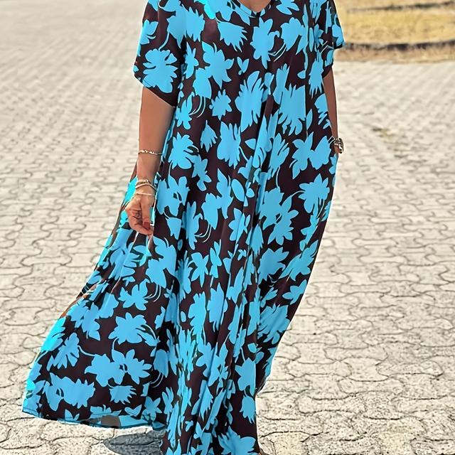 TEMU Plus Size, V-výstřih, Pohodlné Plus Size Květinové Šaty AZ134