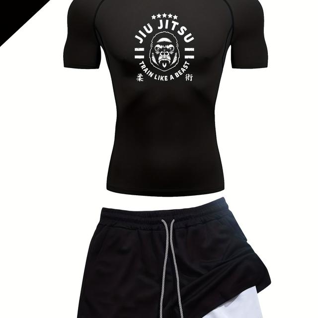 TEMU طقم رجالي "جيو-جيتسو" مكون من قطعتين: تي شيرت قصير الأكمام + شورت بطبقتين | سترة رياضية طباعة دائرية الرقبة سريعة الجفاف للتدريب والرياضة الداخلية/الخارجية مع طبقة وهمية لركوب الدراجات وكرة القدم