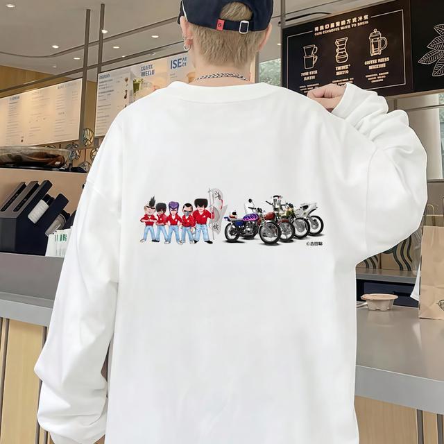 TEMU 【Y2K メンズ】ヘビーウェイト 100% 白 長袖Tシャツ スポーツバイク&キャラクターデザイン 春秋 カジュアル ローカット 日本製 洗濯機洗い可