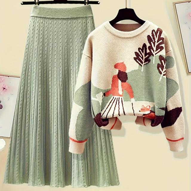 TEMU Summer New Winter Set Sweater Two-piece Casual Elegant Women's Round Neck Artistic Pattern Apricot Top Pullover Fashionable Skirt Date Gift Women's Clothing Casual Suit Nndx25
