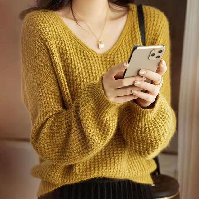 TEMU 여성용 편안한 노란색 V넥 스웨터 - 긴팔, 루즈핏, 캐주얼 스타일, 가을/겨울에 완벽한 캐주얼 겨울복|V넥 스웨터|건설