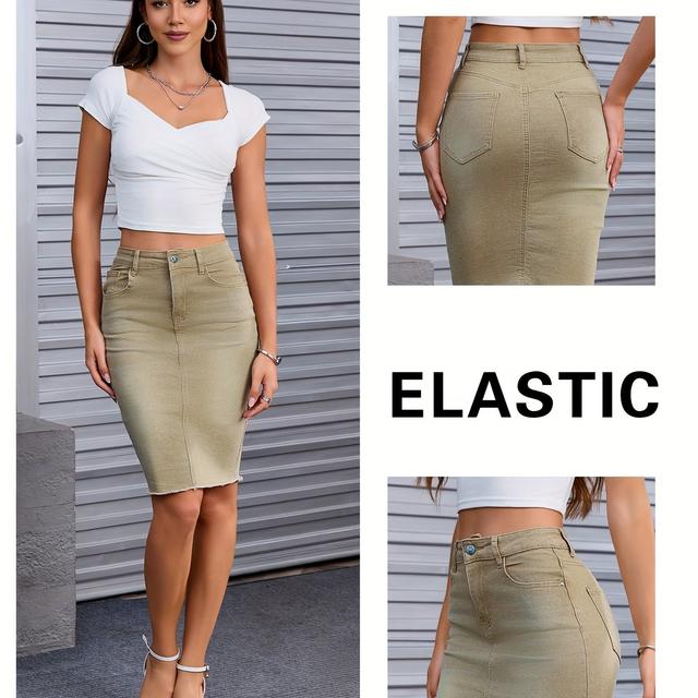 TEMU Fashionable And Versatile High-waisted Stretchy Slim-fit Frayed Denim Skirt For Women