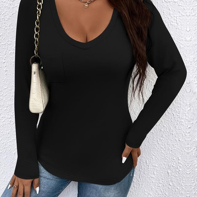 TEMU Women's Plus Size Casual V-neck Knit Top - Long Sleeve, Slim Fit, Solid Color, Versatile For Spring/fall