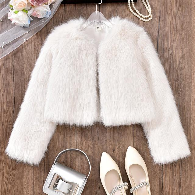 TEMU D860338 Girls' White Fur Coat, Made From Faux Fur, Features A Smooth And Soft Texture For . Color Enhances The And Elevates The Overall Look. Is Windproof And Warm, Perfect For Autumn And Winter