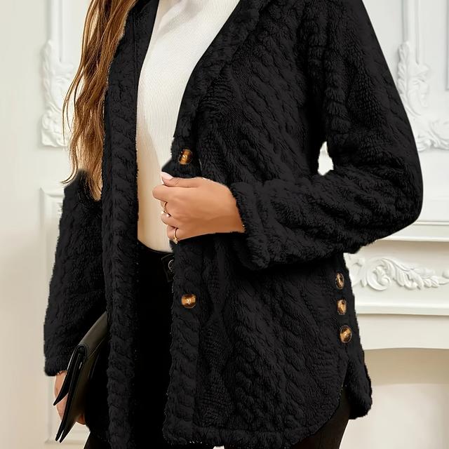 TEMU Button Front Teddy Hoodie Coat, Casual Thermal Long Sleeve Textured Coat For Fall & Winter, Women's Clothing