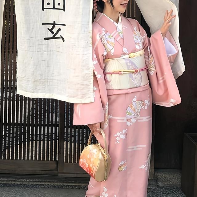 TEMU 1枚 日本風レトロ和服用ユカタ 女性用 - 手描き花柄・紅葉デザイン、柔らかいポリエ混紡、ピンクの花柄が施された上品な伝統的なローブ、サッシュ&ヘアアクセサリー付き、洗濯簡単 夏祭り・・文化イベント用