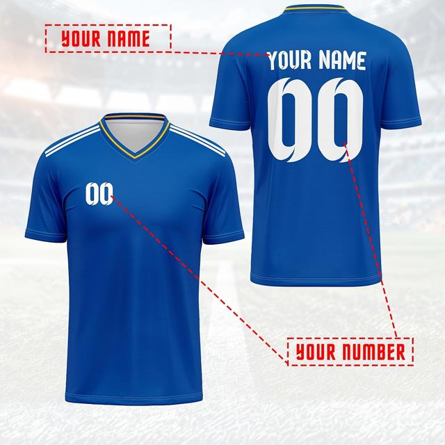 TEMU Customizable Men's V-neck Soccer Jersey - Personalized Name & Number, Blue With , Fit For Sports Training & Casual Wear