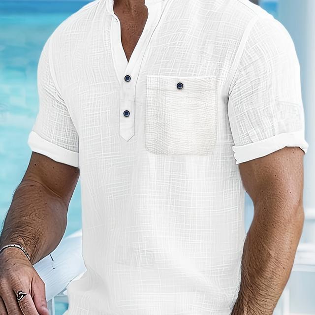 TEMU Men's Lightweight Breathable Rayon Shirt - Summer Beach & Casual Wear, Solid Color Gray, Short Sleeve With Notch Collar & Button Detail, Outdoor Activities And Casual Attire, Beach Shirt