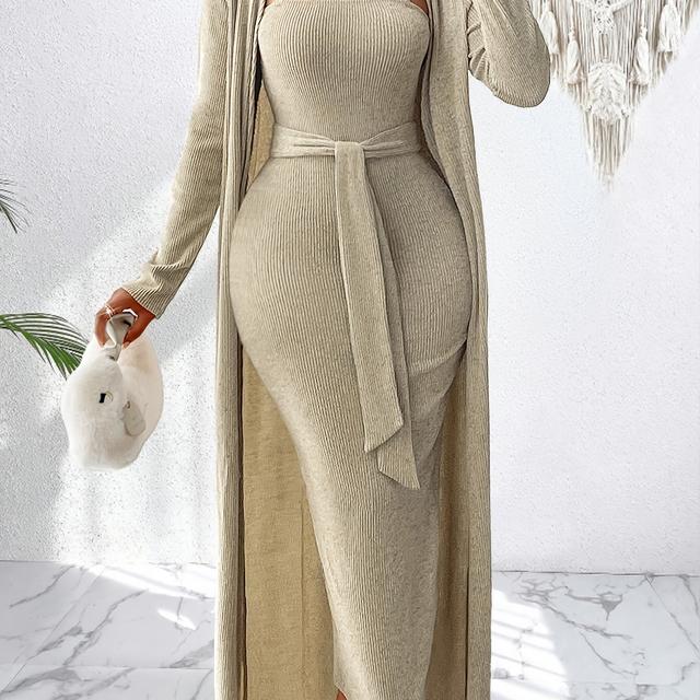 TEMU Women's Casual And Elegant Two-piece Set With Hollowed-out Ribbed Solid Color Thin Shoulder Strap Halter Dress And Jacket With Side Waist Tie