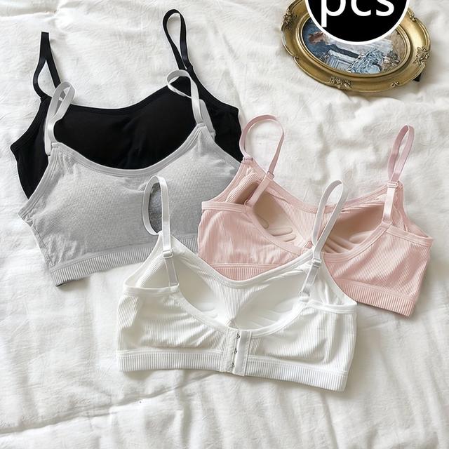 TEMU 4 Stück Damen-BHs mit verstellbaren Trägern und eingebauten Polstern - atmungsaktive, gerippte Viskose, unterstützende Polsterung für Yoga & Sport, einfarbig, , rosa, beige, Yoga-Zubehör
