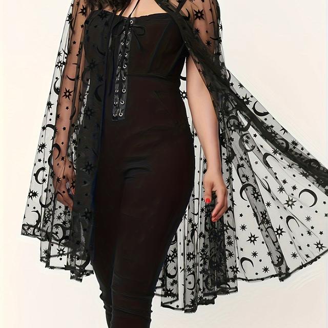 TEMU Plus Size Moon Pattern Mesh Cape, Casual Sheer Lace Up Mesh Cape, Women's Plus Size clothing