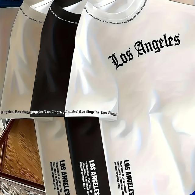 TEMU Juego de 3 camisetas para hombre con estampado 3D de fuente de Los Ángeles - Blancas con de en , manga corta, estilo casual, cuello , lavables a máquina, moda para a los deportes y ropa temática