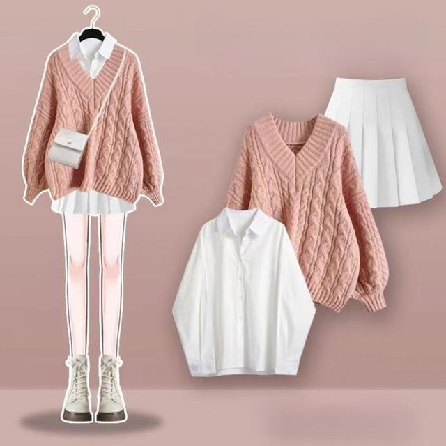 TEMU 【2025年新作】ソフトファッション 秋冬 レディース 韓国風 かわいい ピンク セーター + シャツ + プレッピースタイル プリーツスカート