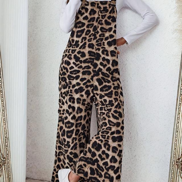TEMU Casual Women's Loose Leopard Print Pocket Jumpsuit For Spring And Summer Daily Commuting, Long Pants