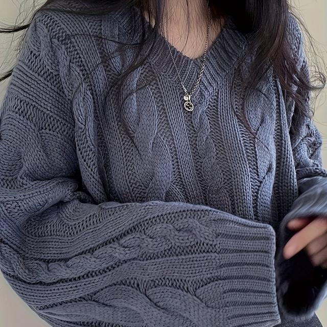 TEMU 1pc Elegant V-neck Knit Sweater For Women, Polyester Long Sleeve Pullover, Cable Knit Pattern, Regular Fit, Autumn/winter Season