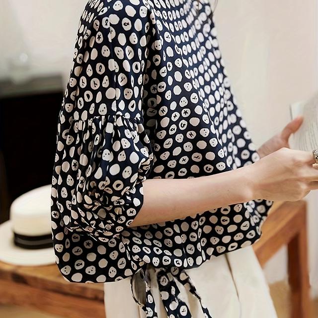 TEMU 프린트 여성용 루즈 라운드넥 허리조임 반팔 풀오버 탑