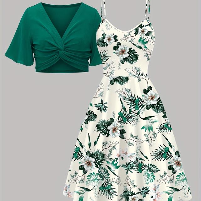 TEMU بدلة نسائية أنيقة - توب بتصميم V-نيك وطبعة نباتية مع أكمام قصيرة وزينة ملتوية - فستان بحمالات - قطعتين للارتداء المنزلي