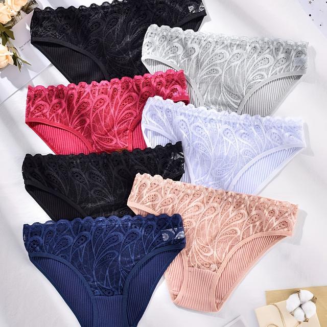 TEMU 7pcs Ufv Women's 7pcs Sheer Lace Underwear - Semi- Briefs With Hollow-out Solid Color Panties, Breathable Comfortable Suitable For Casual Attire, Hand Washable Elegant Lace Panties