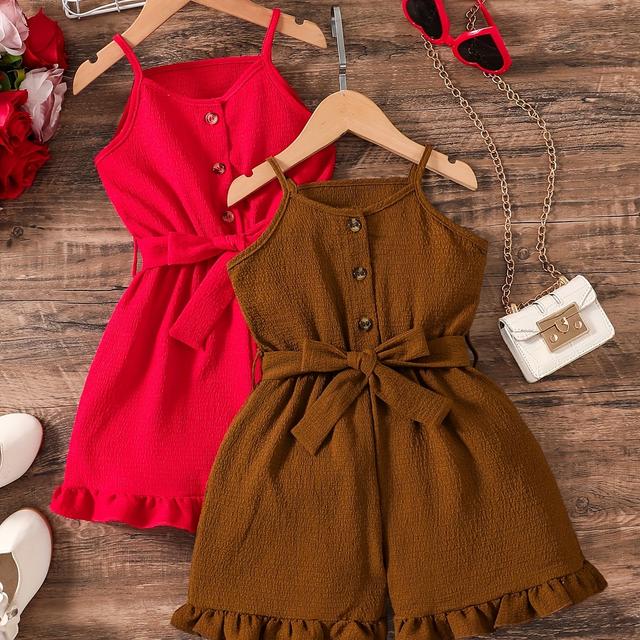 TEMU 2 قطعة من بدلة بدون أكمام - أزرق وأصفر حيوي، خصر مجعد، أزرار لأعلى، شورت، ملابس صيفية غير رسمية، ملابس صيفية غير رسمية | بدلة صيفية حيوية | تصميم خصر مجعد، ملابس خارجية، للأطفال الصغار، للخارج