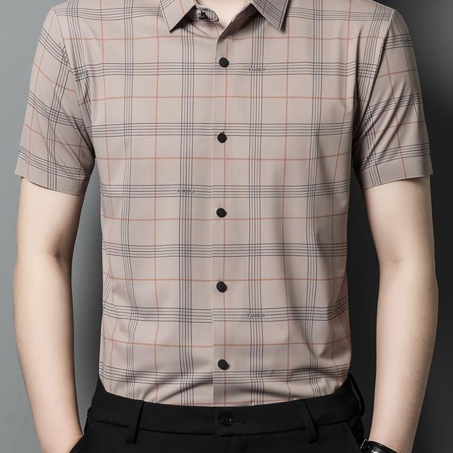 TEMU Men's Summer Short Sleeve Checkered Shirt - Breathable Lightweight Grid Pattern, Classic Point Collar & Single-button Closure, Regular Casual & Casual Attire, Comfortable Fashion