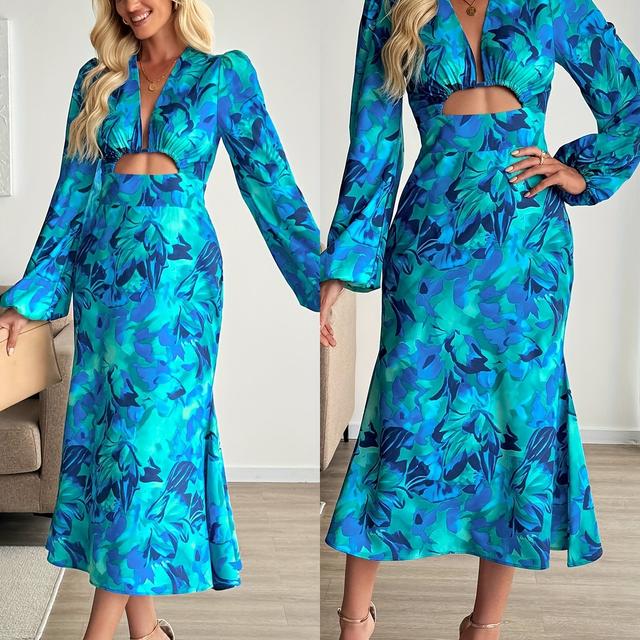 TEMU Vibrant Tropical Print Long Sleeve Deep V-neck Bodycon Dress For Women - Casual Polyester Maxi Dress With Hollow Detail, All , , Tropical Formal Wear | Maxi Dress | Polyester Fabric, Maxi Dres