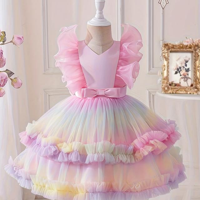 TEMU Girls' Princess Dress | Tulle With Sleeves & Belt | V-neck, Sleeveless | Elegant Party Wear | | Non-stretch Fabric | Ideal For