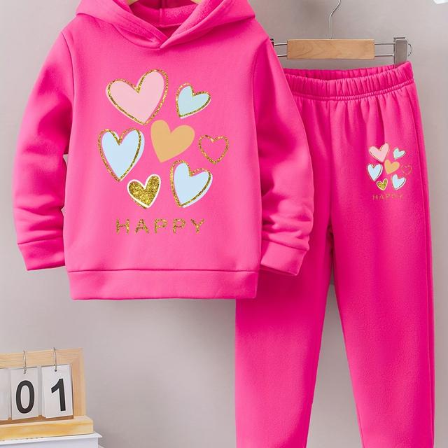 TEMU بلوزة بقلنسوة وبنطلون رياضي مبطن دافئ بنقوش للفتيات، مثالي للأنشطة الخارجية