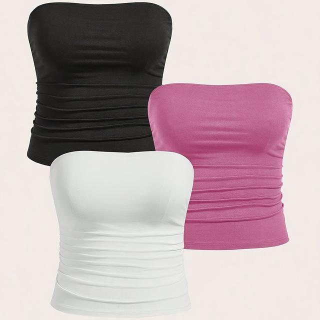 TEMU Plus Size, 3pcs Plus Size Women' Color Pleated Tube Top, Summer