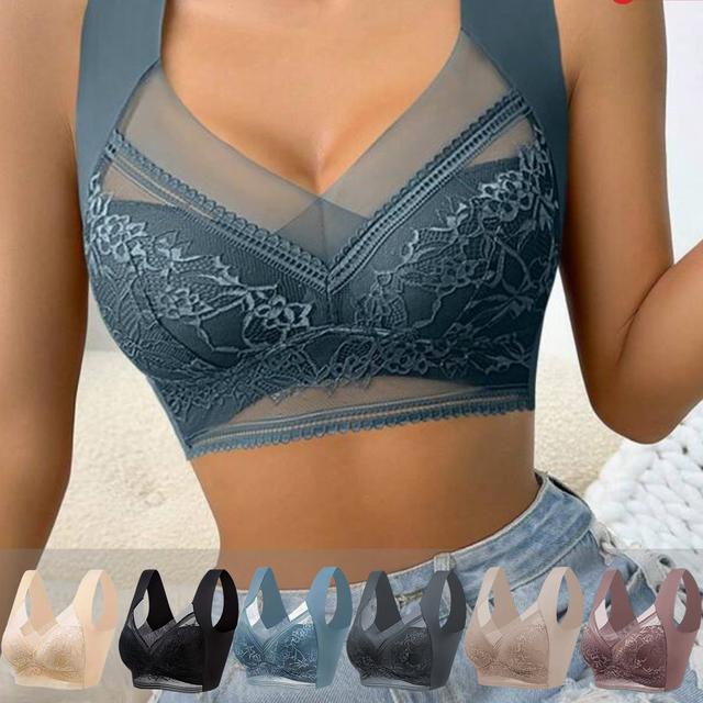 TEMU Set Of 6 Women' Bras With Cross Lace Design, Featuring Wide Straps For And , Without Underwire