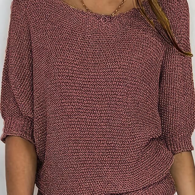 TEMU Women's Elegant Off-shoulder Sweater - Maroon Top With Hem, Long Sleeves, And Round Neckline, , Top | Hem Top | Construction