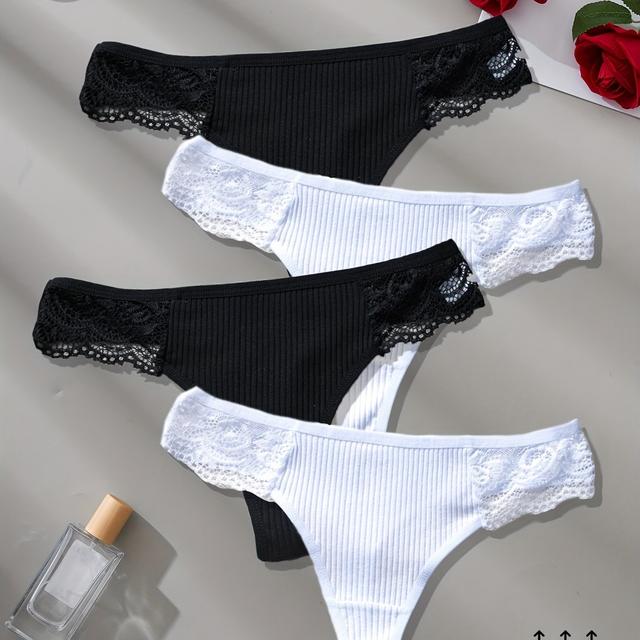 TEMU Pack de 4 Ropa Interior Femenina de Cintura | Con Gusset para Hogar y Ocio | Tanga Negra con Encaje + Bragas Tanga Negras