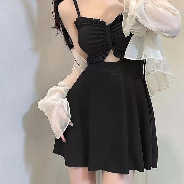 TEMU 無地フリルハローアウトワンピーススイムスーツ、フリル袖カーディガン、2枚セット中伸縮性のあるトビーチウェア、女性用スイムウェアと衣類