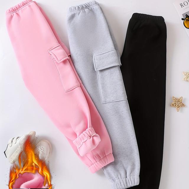 TEMU Pantalones Cargo Forrados con Polar para Niñas de 3 Piezas - Casual, Color Sólido con Bolsillos, Perfectos para Invierno, Pantalones Cargo para Niñas, Perfectos para Exteriores