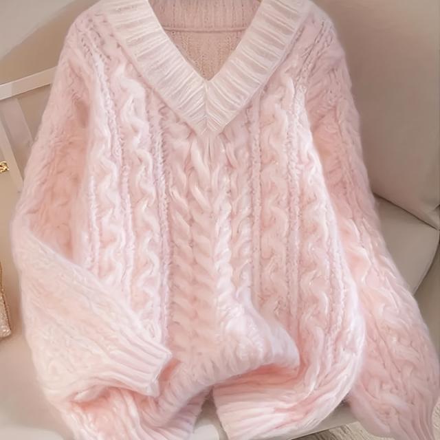 TEMU Plus Size - Plus Size - Women's Fashionable Winter Sweater In Solid Color, Elegant V-neck Loose Casual Top, Plus Size Knitwear