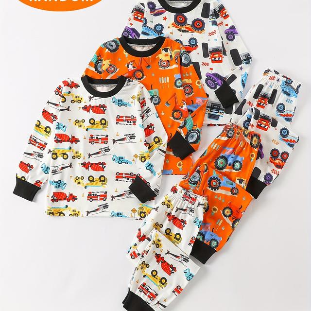 TEMU Random Set Of Boys' Pajamas, Round Neck Long Sleeve Top And Full Print Long Pants With Various Car Patterns, Comfortable And Soft, Ideal Gift For Spring And Autumn Daily Life