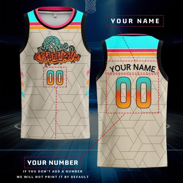 TEMU Customizable Basketball Vest - Personalized Name & Number, Breathable Quick-dry Moisture-wicking Fabric, Vibrant Color With Geometric Patterns For , Casual Sports & Summer Parties (adult Sizes)