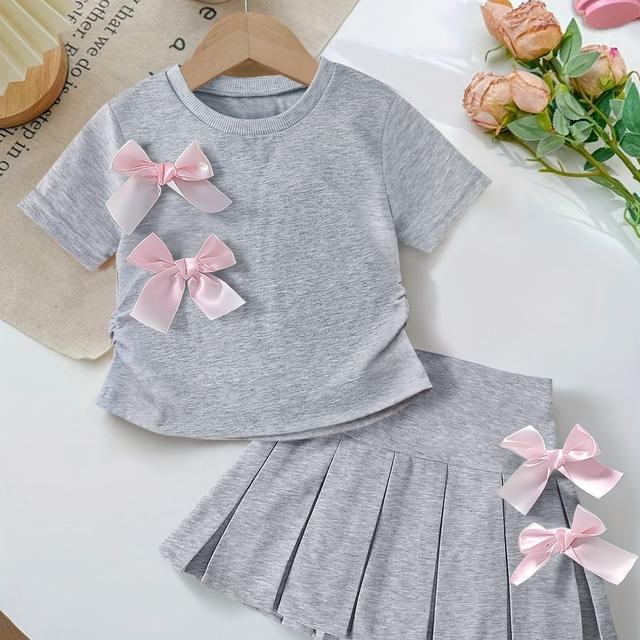 TEMU New Style/2pcs Set: Stylish Round Neck Bow-embellished Short Sleeve Top & Pleated Knit Skirt For Young Girls, Sweat-absorbent And Breathable, Casual Outdoor Wear, Outdoor
