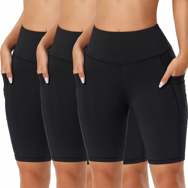 TEMU 3pcs Women's High-waisted Yoga Shorts With Side Pockets - Tummy Control Workout Shorts, 88% Polyester 12% Spandex, High Elasticity Running Gym Shorts For Yoga Pilates, Black