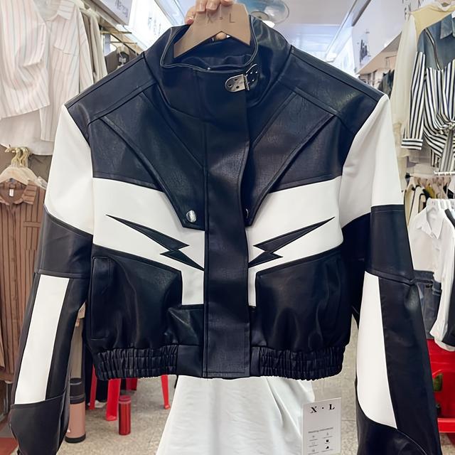 TEMU 春と秋のストリートスタイルに最適な、刺繍が施されたパッチワークデザインの、ファッショナブルな白黒のレザージャケット。