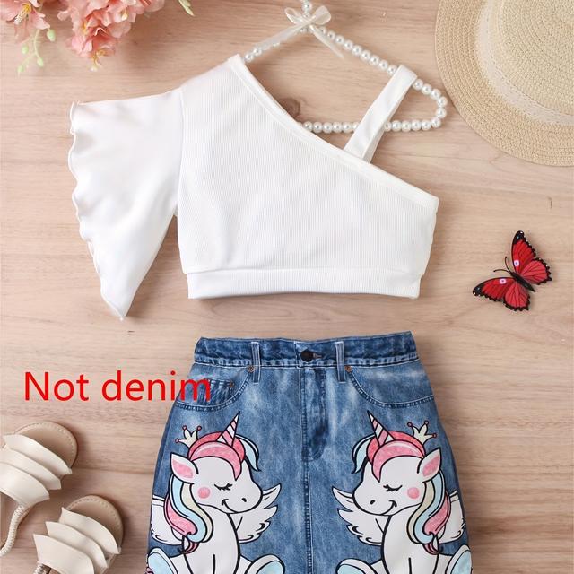 TEMU Conjunto de dos piezas para niñas: volantes y hombros descubiertos + Falda vaquera estampada con unicornio (no falda vaquera)