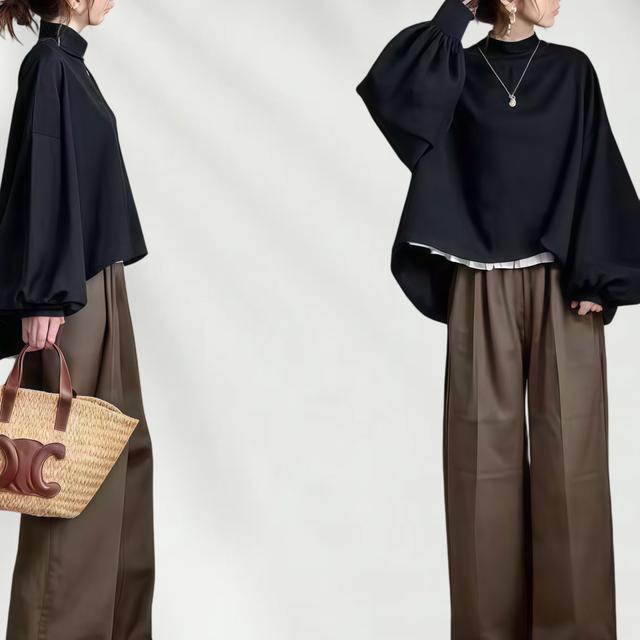 TEMU 【2025年秋】カラーブロック スウェットスーツ パフスリーブ ワイドパンツ ラウンジウェア セット、スフィット、カジュアルウェア、トレンディファッション、カラーブロックデザイン、丈夫な作り、ソフト素材、マッチングセット、オーバーサイズパンツ