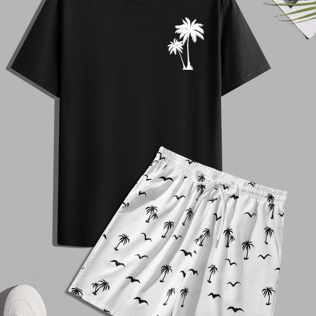 TEMU Coconut Tree Irregular Print Men's 2pcs Casual T-shirt And Drawstring Shorts Set, Summer Casual Set