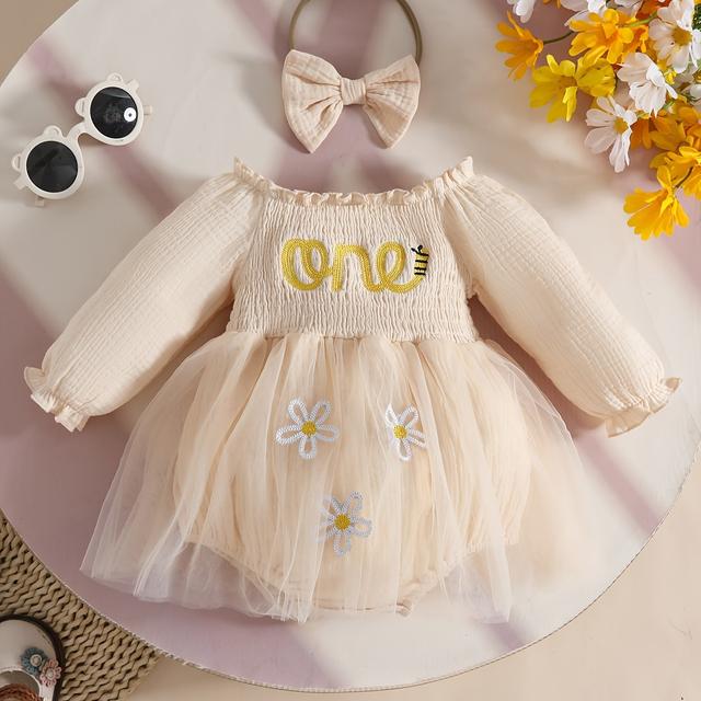 TEMU Adorable Girls' Letter 'one' Embroidered Long Sleeve Dress With Zipper, Perfect For First Birthday Outfit And Floral Mesh Details