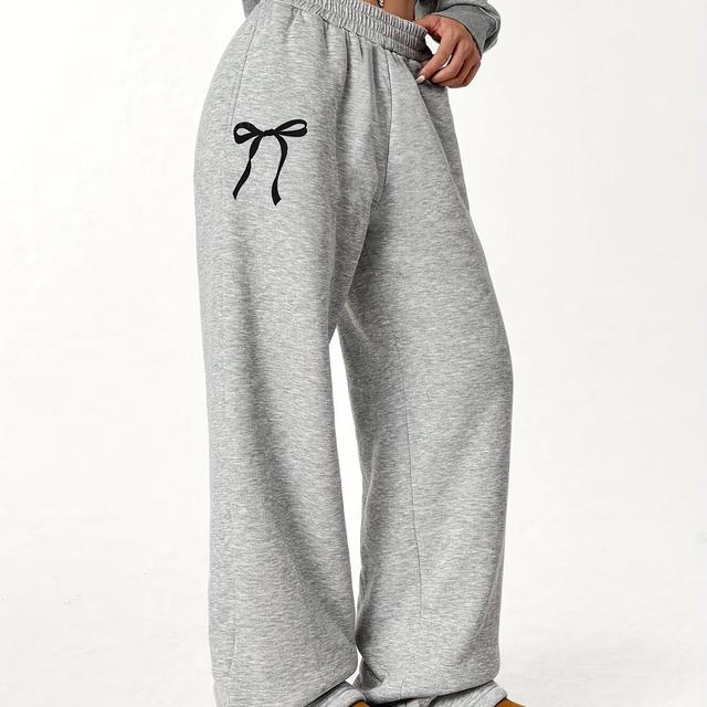 TEMU Girls' Casual Grey Wide-leg Pants With Bow Detail - Elastic Waist Summer Trousers, Machine Washable Fit Pants For, Casual Attire & Special Occasions, Perfect For Outdoor